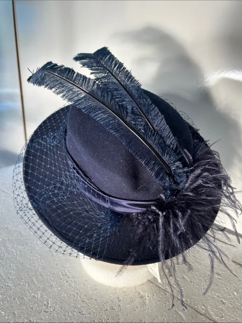 Michael Howard NWT Navy 100% Wool Veiled Feather Hat 50's Vintage Derby